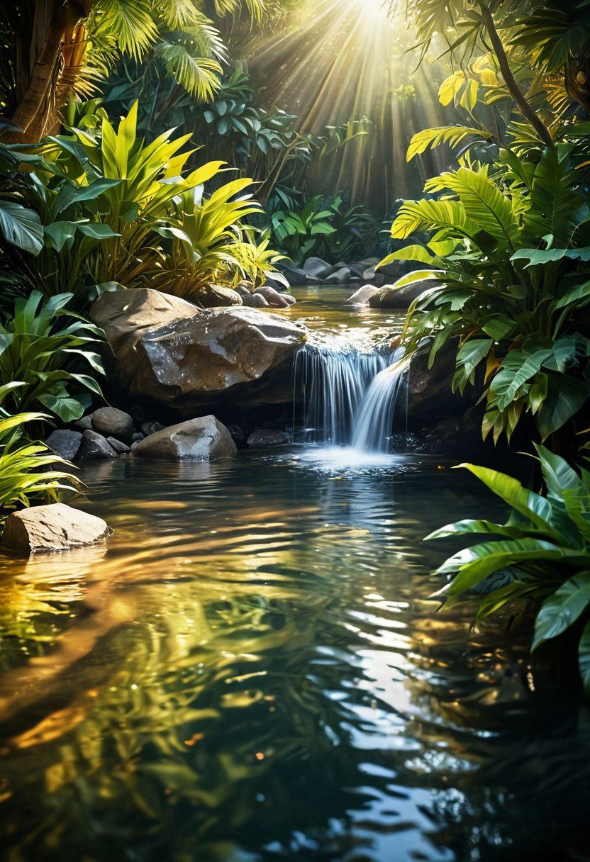 A serene yet enticing scene depicting a gentle water flow, with soft ripples reflecting sunlight, surrounded by vibrant tropical plants. Include subtle hints of playful water activities, like splashes or glistening droplets interactively splattering across the image. Incorporate a lush golden aura to represent the concept of golden showers, evoking a sense of adventure and exploration. The composition should balance warmth and intrigue, inviting viewers into a world of sensation play. super-realistic. vibrant colors. serene background.