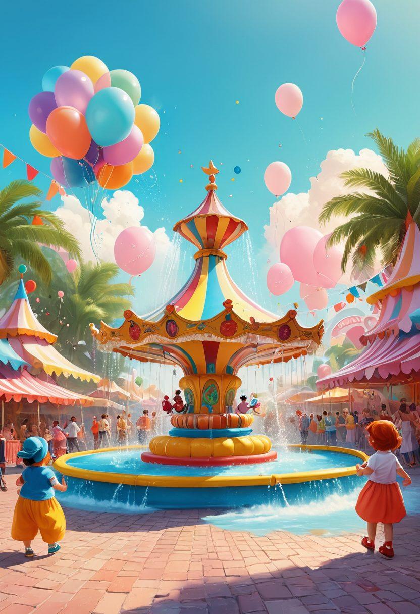 A whimsical, artistic representation of a vibrant carnival scene featuring a playful atmosphere, with soft, cartoon-style characters engaging in playful interactions around a large, colorful fountain. Incorporate elements of water splashes and joyful expressions to evoke fun and curiosity about playful urination themes. The background should be filled with pastel-colored tents and balloons to enhance the festive mood. Soft lighting and a cheerful ambiance emphasize the playful nature of the subject. cartoon style. vibrant colors. pastel background.